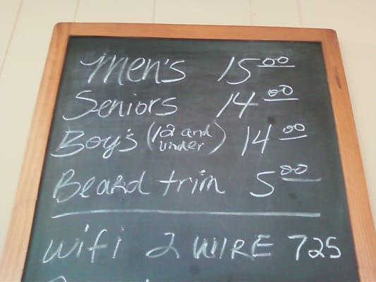 Our prices: Men's $15.00, Seniors $14.00, Boys (under 12 years) $14.00, Beard Trim $5.00