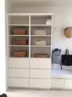 Mudroom cabinetry. Soft close drawers.