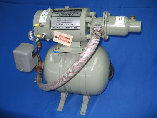 Galley Head Water Pump System w/ 2 Gal. Tank, Pressure Switch, and Pressure Gauge ; Available in 12v, 24v, and 32v