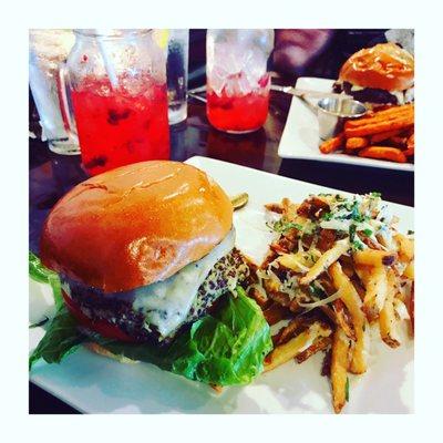 Veggie burger, truffle fries and raspberry lemonade (alcoholic)