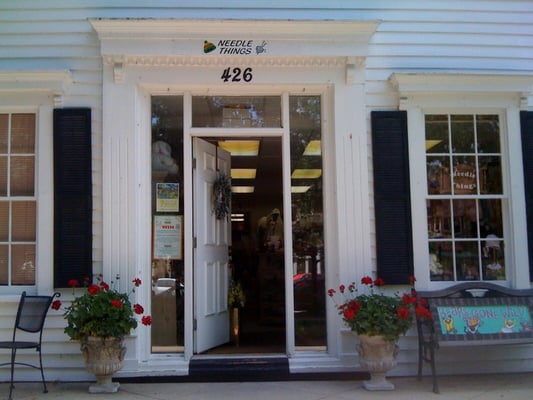 Entrance to Needle Things on Third St in charming Geneva, Il. Located next to Little Traveler and just one block from the Metra Train.