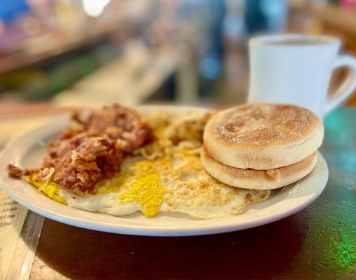 Two Eggs, Corned Beef Hash, Hash Browns & English Muffin - delicious breakfast!!