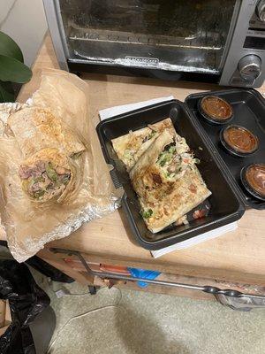 Cabeza burrito and mushroom quesadilla