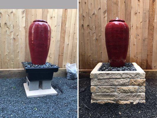 Before and after of stone installed around water fountain jug