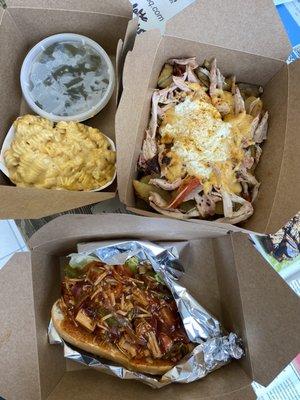 Tex mex breakfast bowl with chicken and bbq jackfruit sandwich