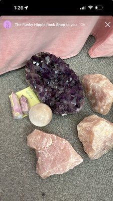 Amethyst, rose quartz, selenite and phosphate