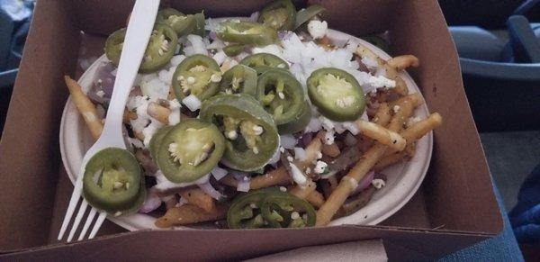 Gyro fries with added onions and jalapenos