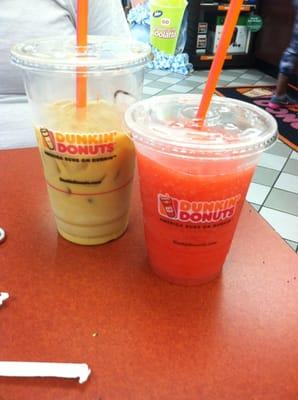 Strawberry lemonade coolata and iced coffee