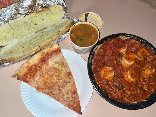 garlic bread, pizza, shrimp marinara and pasta faloi soup