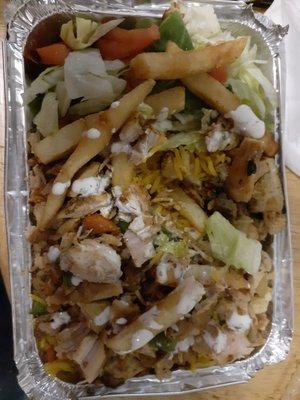 Chicken over rice and fries and salad :)