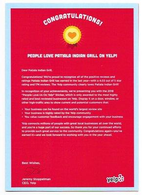 Prestigious Award from yelp!!!