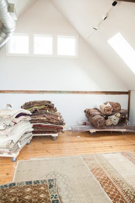 Prepping for a photo day at our sun-lit carpet studio barn, available by appointment to designers, architects, and to-the-trade.