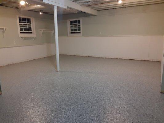 New floors feeling so fresh and clean in the finished basement (before floorboards)