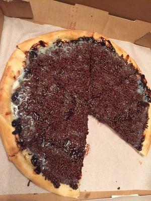 This is the dessert brigadeiro pizza. It is heavenly and you should try it.