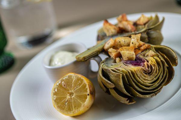 Artichoke Starter: Woodfired, Garlic Croutons, Lemon Thyme Aioli