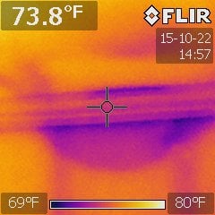 Moisture in the ceiling showing with infrared.  This was coming from the toilet above.  No other signs of moisture.