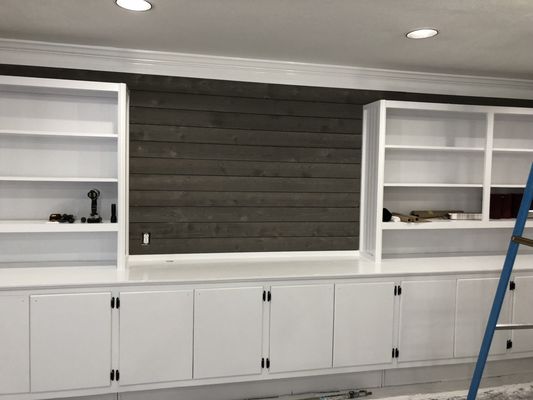 CWI Took This Stained Cabinet Refinished To White & Added This Rough Grey Shiplap, What a Improvement!!!