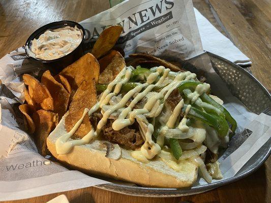 Philly cheesesteak sandwich and chips with onion dip @ Waterford Inn, 11.3.2023.