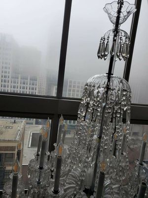 Not even fog can stop this Chicago chandelier from shining!