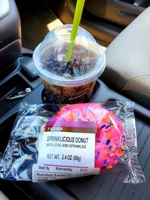 Redeemed my free large soda and pink donut sprinkle too! Thank you, 7-11 for my delicious 3pm treat!