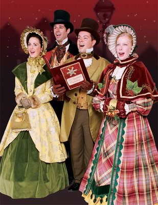 Christmas Holiday Dickens Carolers- professional quartet of stage singers. Strolling holiday caroling with lit holly wreath lantern.