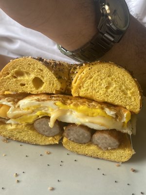 Sausage Links egg and cheese on Everything Egg bagel