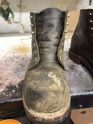 This is what we see on a regular basis when a customer comes into Cobbler Corner Shoe Repair. This a before repair.