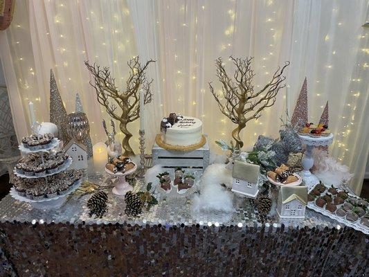 Winter Wonderland theme - 30th birthday party: Dessert table