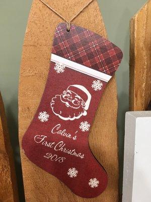 A stocking ornament for baby's first Christmas.