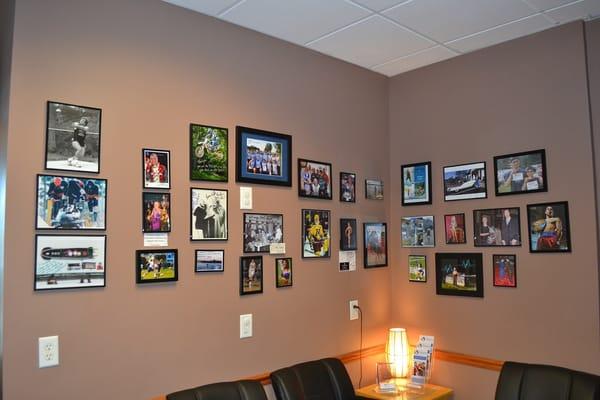 Our wall of fame with Olympic athletes, professional sports players and celebrities that love Synapse!