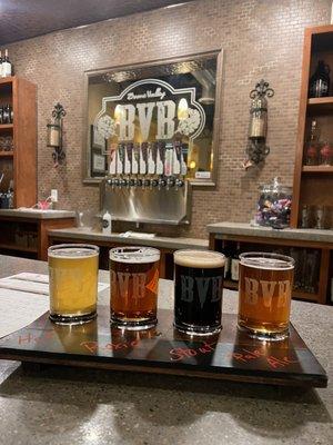 Flight of their Hefeweizen, Rosie (Irish Red), Stout, and Pale Ale