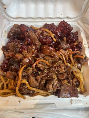 3 Meat Combo Meal, Double Mongolian Chicken and Spicy Bourbon Chicken