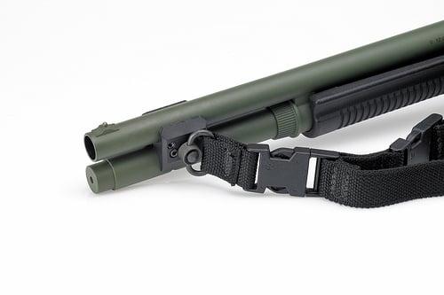 Magazine Clamp with Sling Swivel for Rem 870 (90650)- Offers flexible accessory mounting options near the shotgun muzzle.