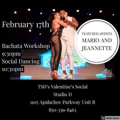 Advert for Studio D's Tallahassee Valentine's Dance Social. Bachata instructors displayed.