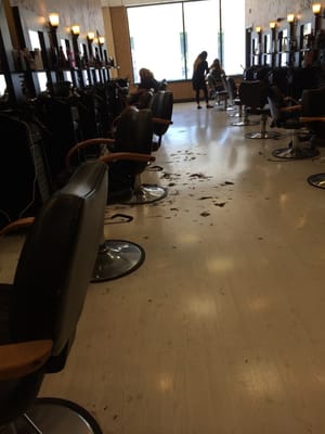 In swept hair at stations. Hair was all over floors. Including the wait area near the entrance