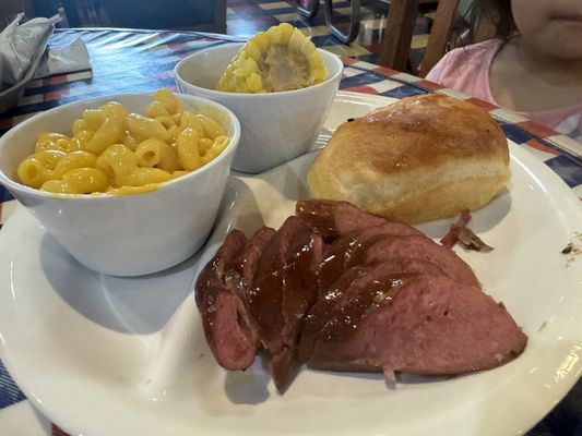 Child's Sausage Plate with 2 sides, the corn always needs a little salt and butter