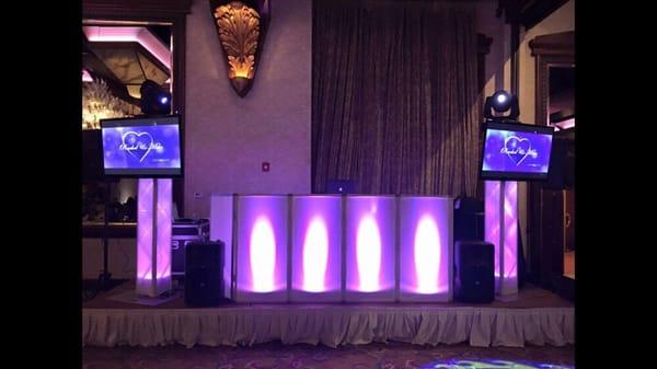 Standard set up for wedding or sweet 16 - LED front board and two plasma screens And intelligent lighting! Great for any event!