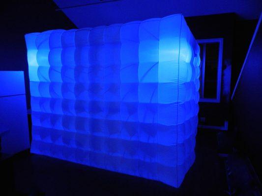 Our LED blow up enclosure, lit up in Blue.