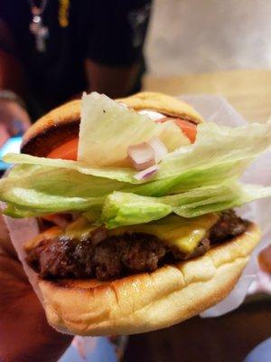 Single burger with cheese, lettuce, tomato and onion