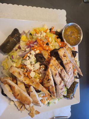 Greek salad w chicken .  Pretty big.