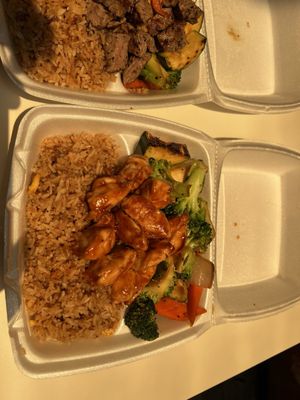 Steak and shrimp, teriyaki chicken!