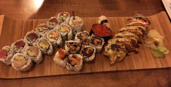 Spicy tuna roll, crunchy yellowtail roll, shrimp tempura roll, ikura, sweet shrimp and the vegas roll!