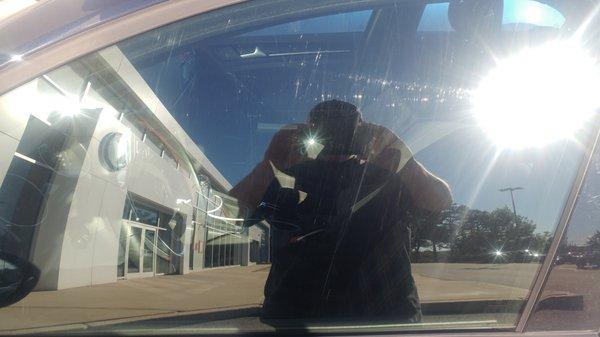 Scratched window from automated car wash. Though polite, manager refused to acknowledge the damage came from their facilities.