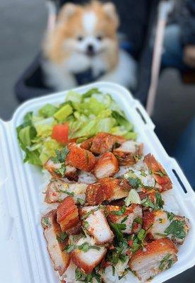 Pork Belly & Lime Bowl: Crispy Roasted Pork Belly, cilantro, lime, Thai chili, fried shallots, Thai-Viet fish sauce | $12.95