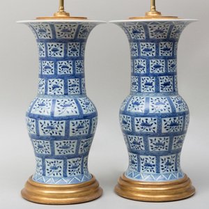 a pair of blue and white porcelain table lamps