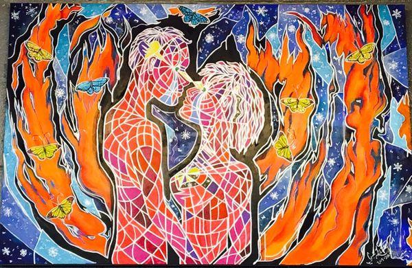 Stained glass couple acrylic on canvas by Candice Liberty