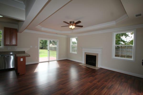 8108 Allentown Road Living Room, Gas fireplace, gorgeous tray ceiling, sliders to patio.