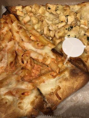 Ziti slice.  Chicken Francaise slice.