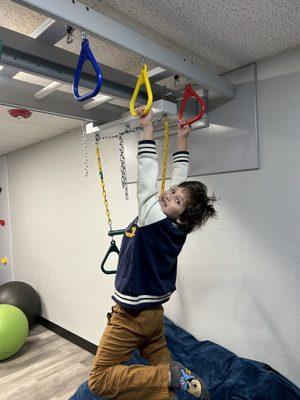 The sensory gym allows for all the fun things. Zip lines, monkey bars, swings oh my!