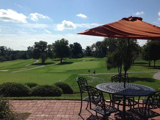 Our outdoor dining patio. Enjoy delicious food with a quiet and relaxing view of the golf course and Baltimore city in the distance.